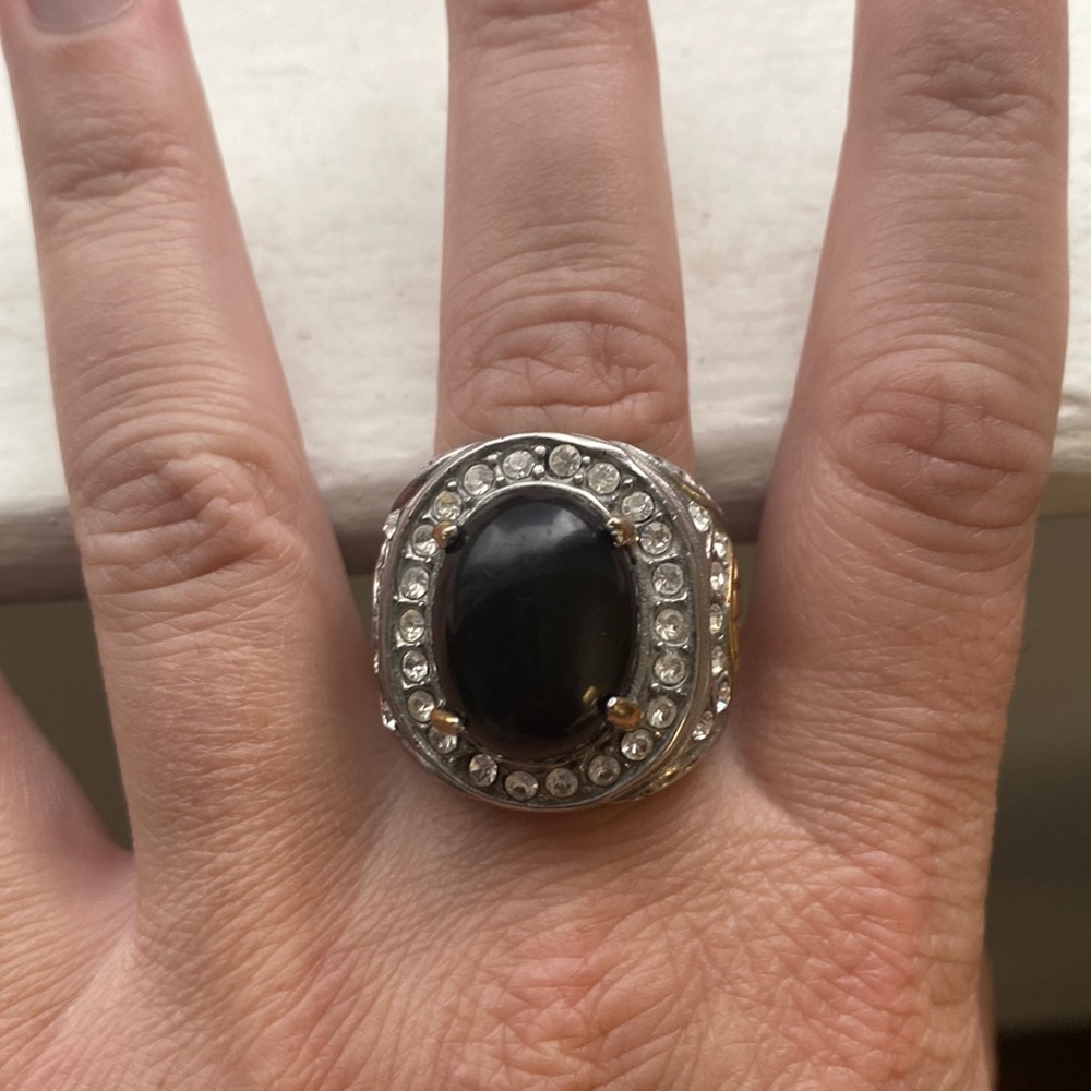 Vintage Stainless Steel Onyx Oval Stone Mens Ring